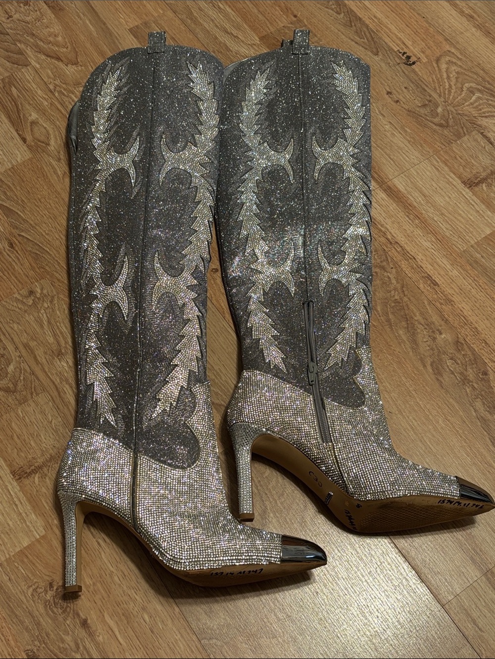 Gianni Bini Silver Glitter Crystal Cowboy Heeled Over Knee Boots